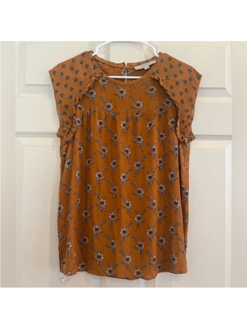 LOFT Rust Floral Ruffle Sleeve Top